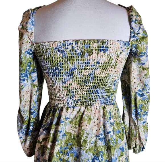 Reformation Greyson Hillside Floral Linen Mini Dress Sz S Smocked Puff Sleeves - Picture 7 of 16